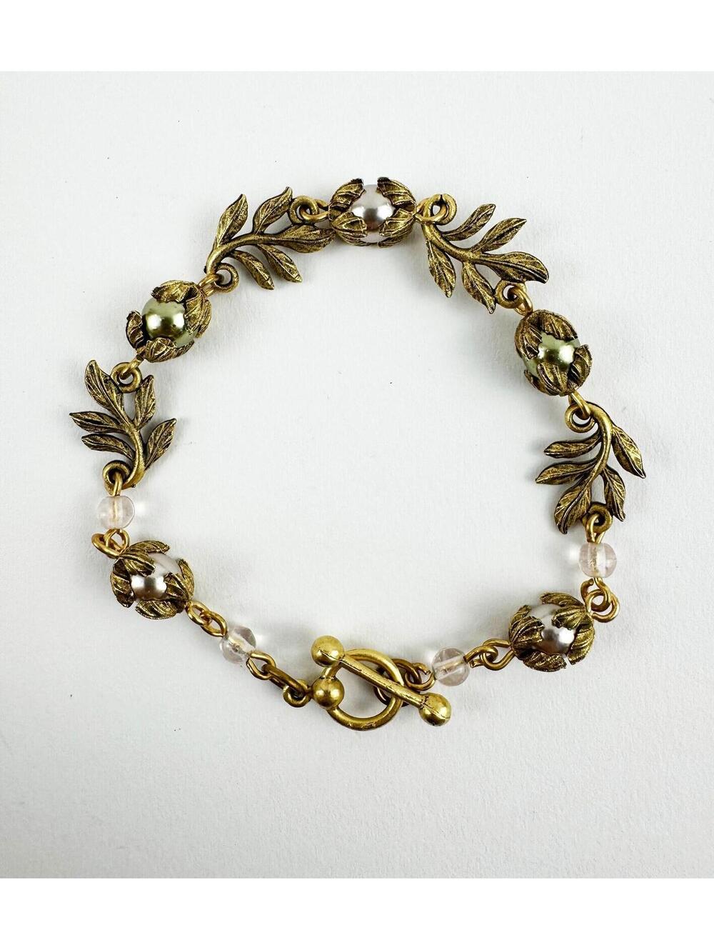 Leaves and Glass Beads with Gold Leaf Spacers Unique Handmade Bracelet